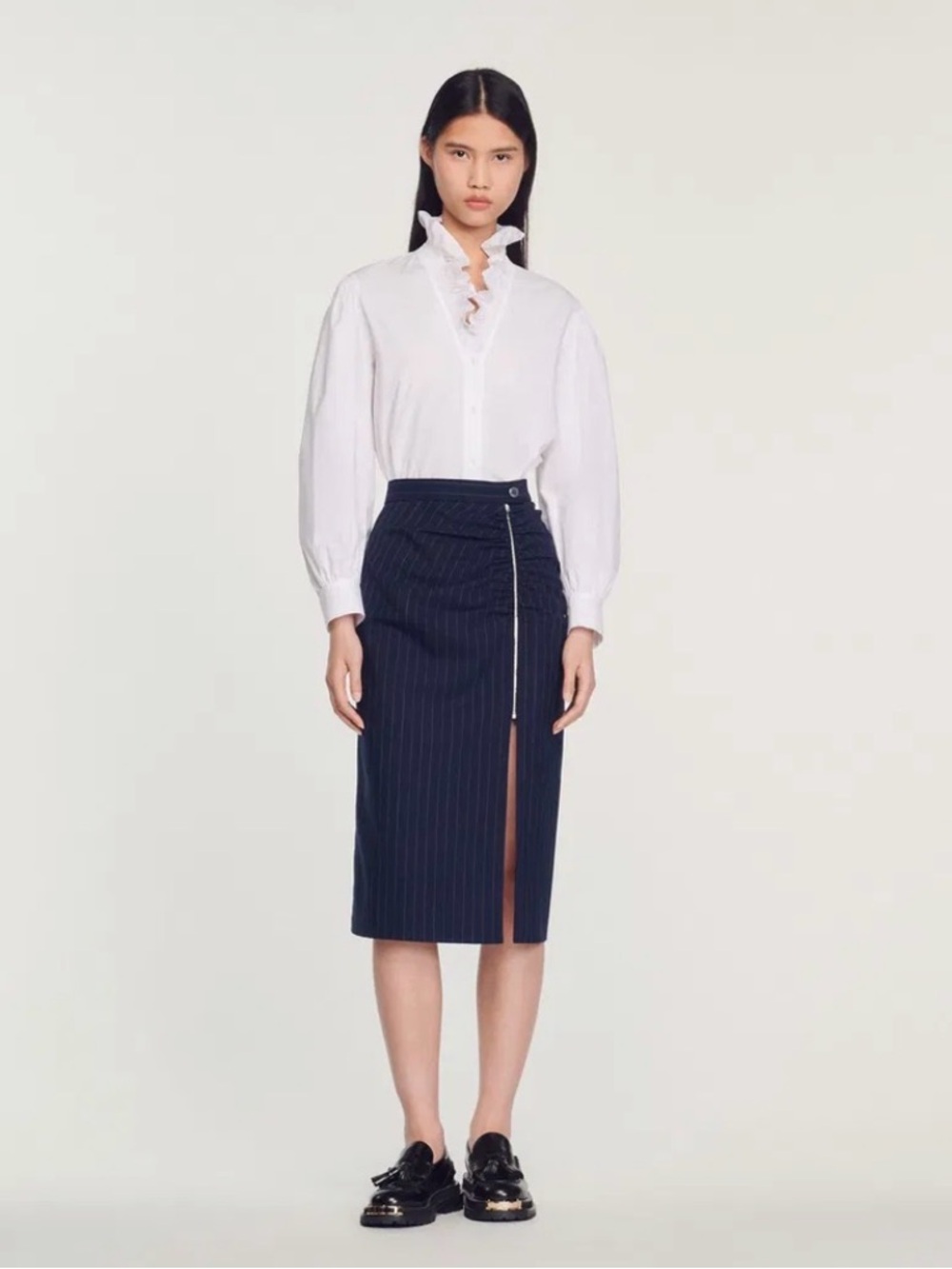 Brand New SANDRO Pinstripe Navy Pencil Skirt with Front Zip